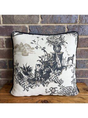 Rose Tree Throw Pillow Black And Cream Toile French Country Violin Floral 16”